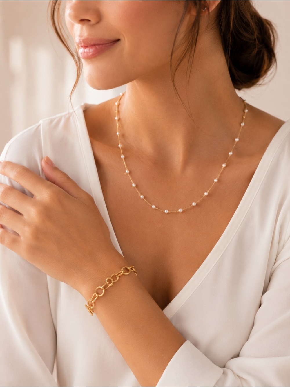 ✨ Dainty Pearl Necklace + Gold Chain Bracelet Bundle ✨